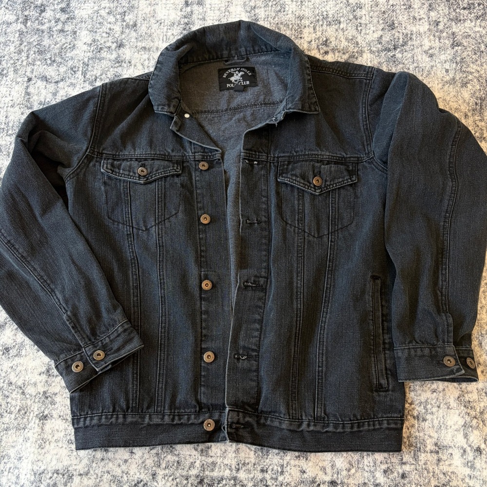 Beverly Hills Polo Club Denim Jean Trucker Jacket Mens Size Medium Black Cotton